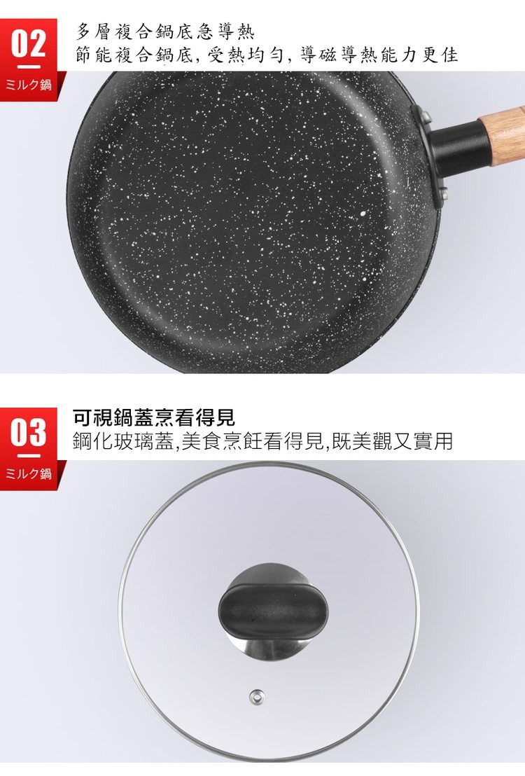 多層複合鍋底急導熱,節能複合鍋底, 受熱均勻, 導磁導熱能力更佳,ミルク鍋,可視鍋蓋烹看得見,03 鋼化玻璃蓋,美食烹飪看得見,既美觀又實用,ミルク鍋。