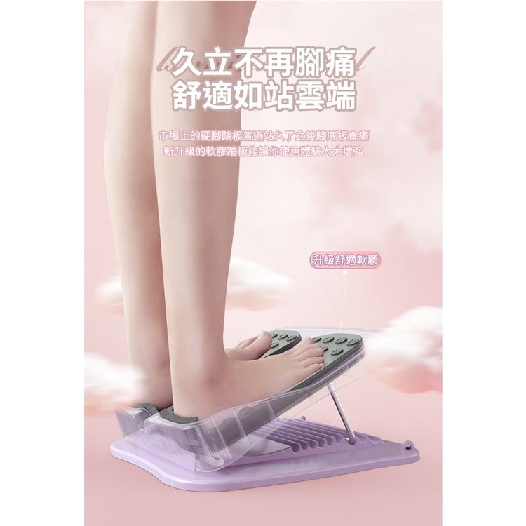 久立不再腳痛，舒適如站雲端，市場上的硬腳踏板普遍站久了之後腳底板會痛，新升級的軟膠踏板能讓你使用體驗大大增強，升級舒適軟膠。