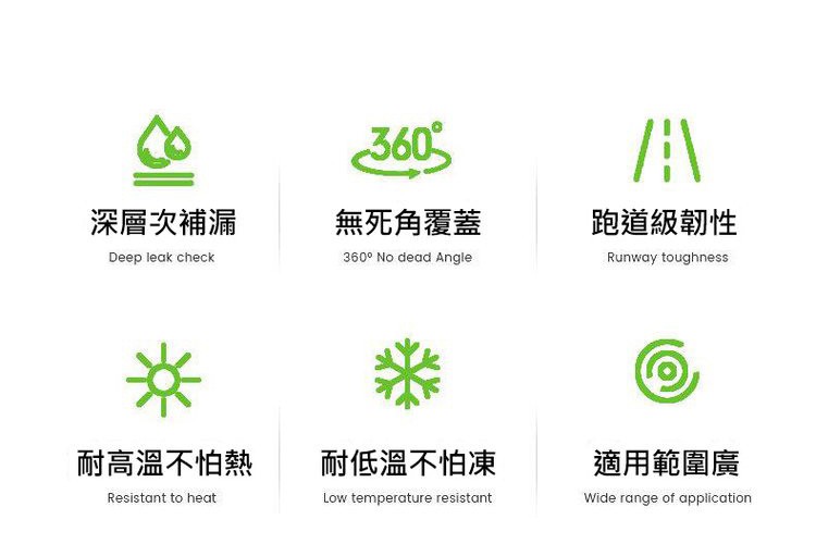 深層次補漏，耐高溫不怕熱，無死角覆蓋，360° No dead Angle，耐低溫不怕凍，跑道級韌性，適用範圍廣。