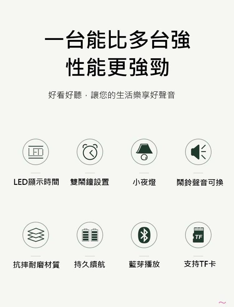 一台能比多台強，性能更強勁，好看好聽,讓您的生活樂享好聲音，LED顯示時間，抗摔耐磨材質，雙鬧鐘設置，持久續航，小夜燈，藍芽播放，鬧鈴聲音可換，支持TF卡。