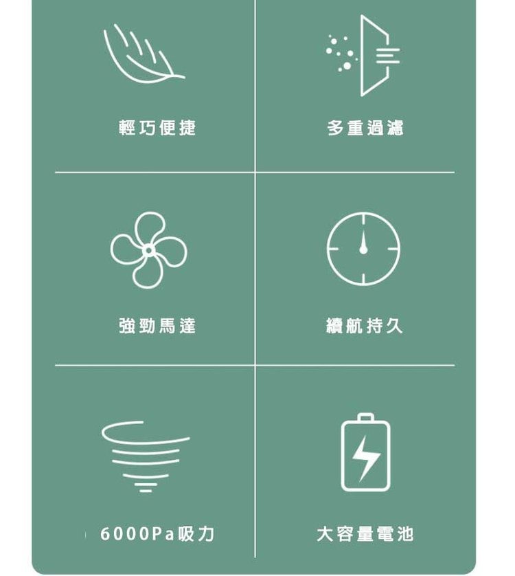 輕巧便捷，強勁馬達，6000Pa吸力，多重過濾，續航持久，大容量電池。