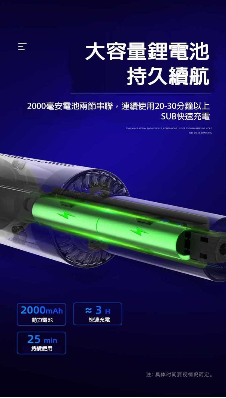 大容量鋰電池，持久續航，2000毫安電池兩節串聯,連續使用20-30分鐘以上，SUB快速充電，動力電池，快速充電，持續使用，注:具体时间要视情况而定。