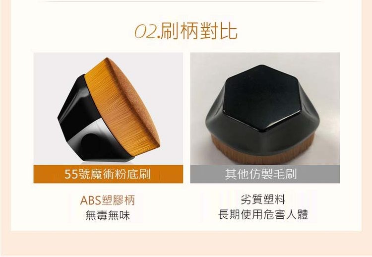02.刷柄對比，55號魔術粉底刷，ABS塑膠柄，無毒無味，其他仿製毛刷，劣質塑料，長期使用危害人體。