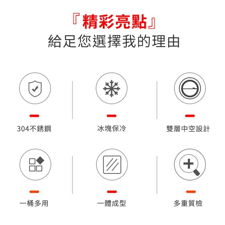 精彩亮點給足您選擇我的理由，304不銹鋼，一桶多用，冰塊保冷，一體成型，雙層中空設計，多重質檢。