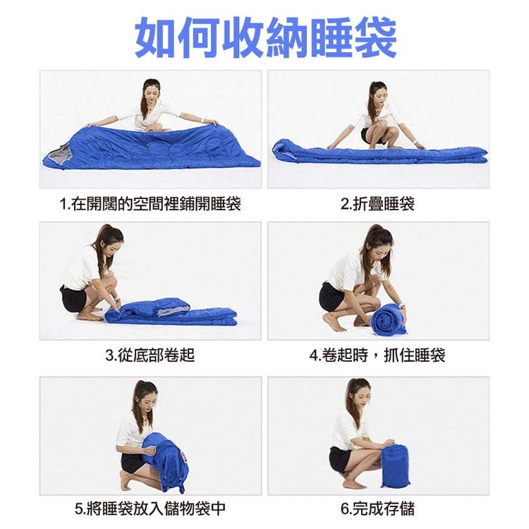 如何收納睡袋，1.在開闊的空間裡鋪開睡袋，3.從底部卷起，5.將睡袋放入儲物袋中，2.折疊睡袋，4.卷起時,抓住睡袋，6.完成存儲。