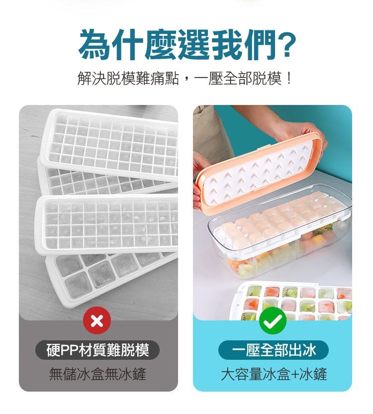為什麼選我們?解決脫模難痛點,一壓全部脫模!硬PP材質難脫模,無儲冰盒無冰鏟,一壓全部出冰,大容量冰盒+冰鏟。