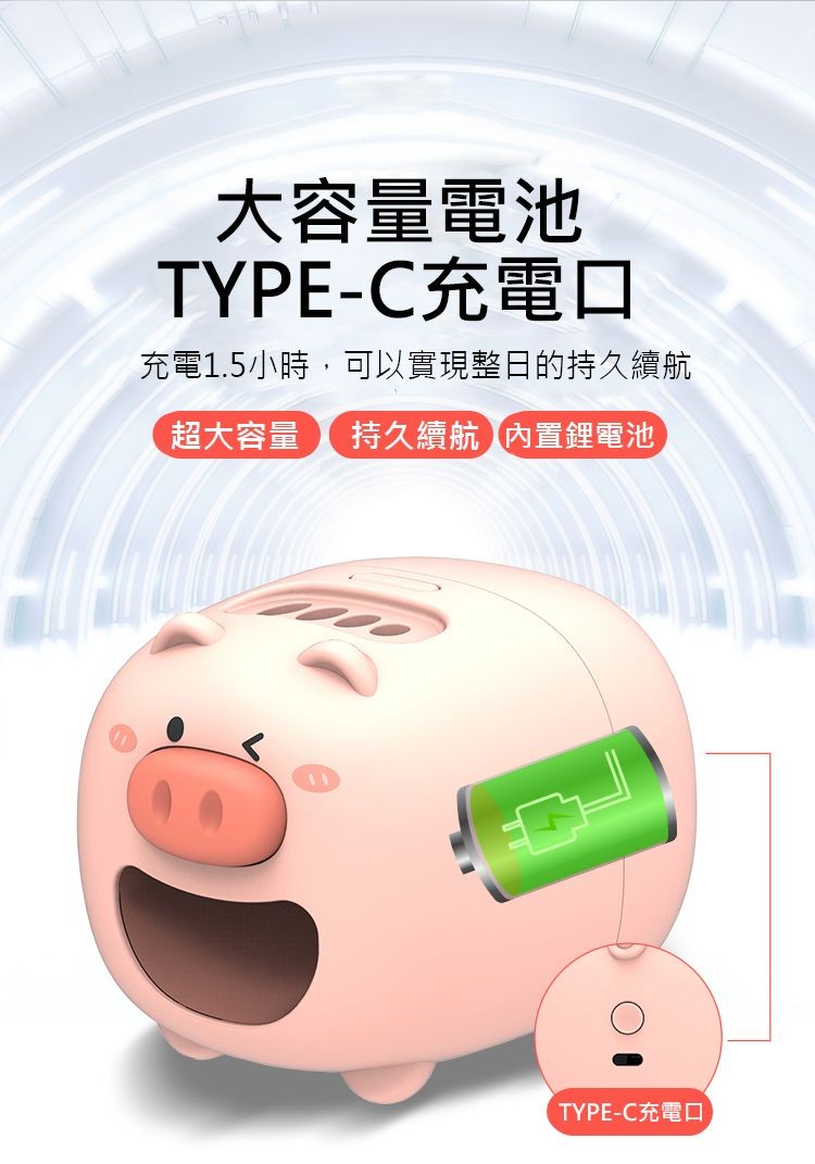 大容量電池，TYPE-C充電口，充電1.5小時,可以實現整日的持久續航，超大容量 持久續航 內置鋰電池，TYPE-C充電口。