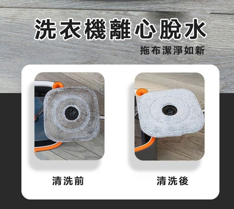 洗衣機離心脫水，拖布潔淨如新，清洗前，清洗後。