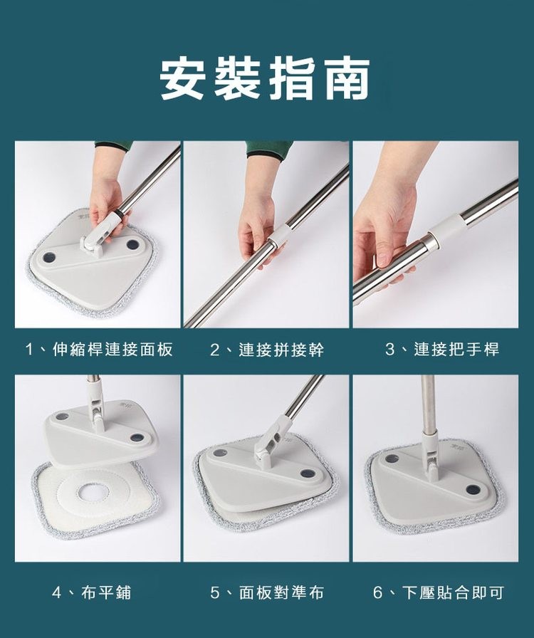 安裝指南，1、伸縮桿連接面板，4、布平鋪，2、連接拼接幹，5、面板對準布，3、連接把手桿，6、下壓貼合即可。
