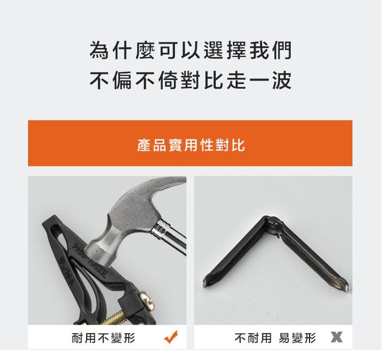 专利产品，為什麼可以選擇我們，不偏不倚對比走一波，耐用不變形，產品實用性對比，不耐用 易變形 X。