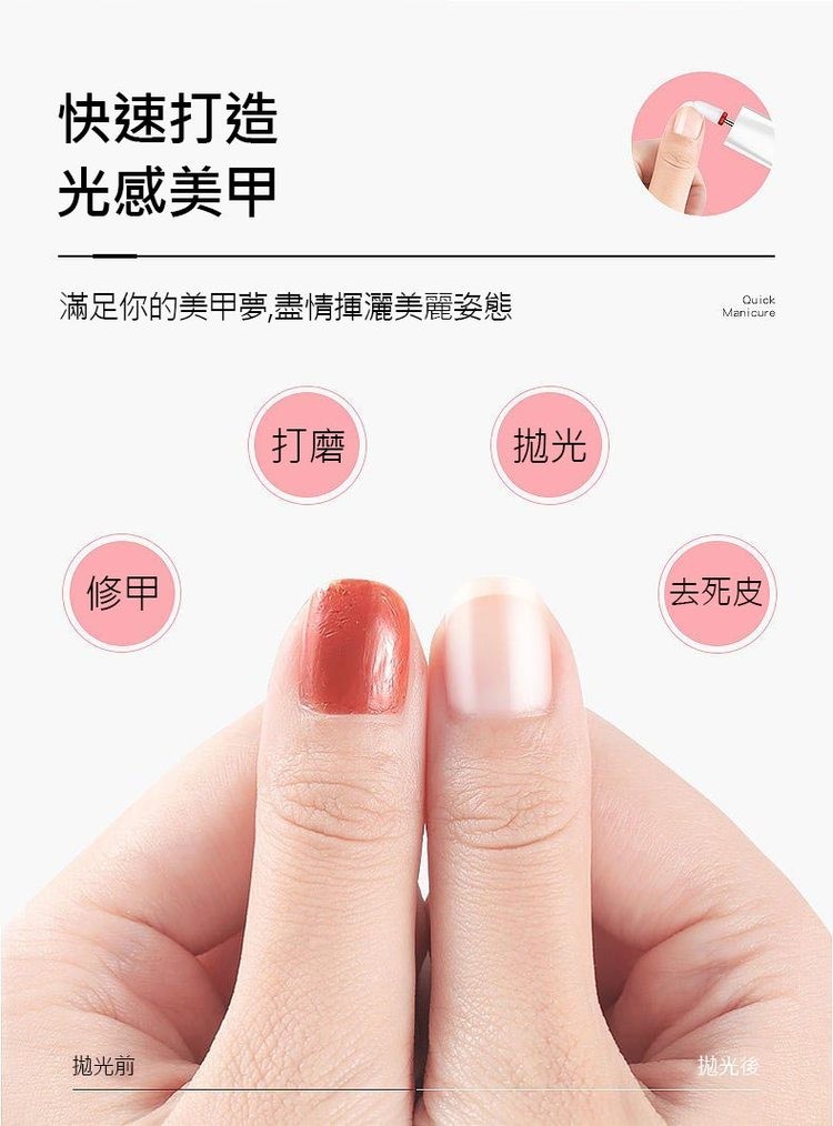 快速打造,光感美甲,滿足你的美甲夢,盡情揮灑美麗姿態,拋光前,去死皮,拋光後。