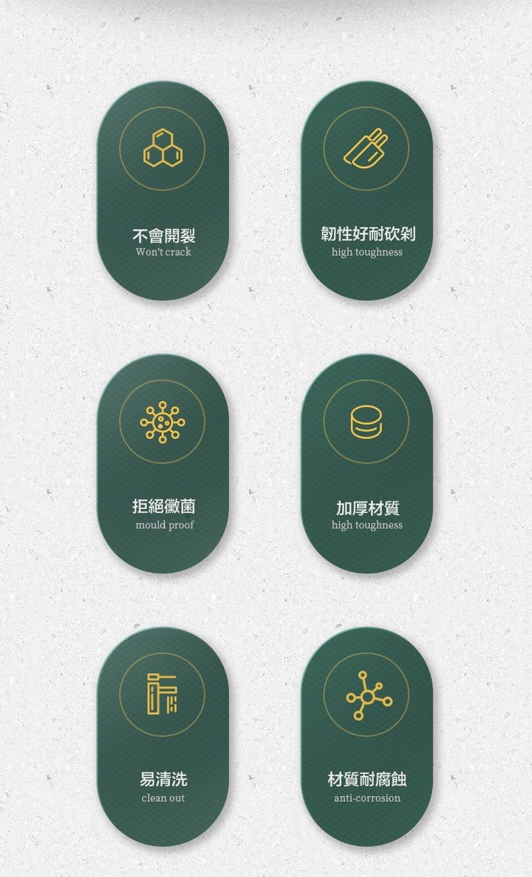 不會開裂，拒絕黴菌，易清洗，韌性好耐砍剁，加厚材質，材質耐腐蝕。