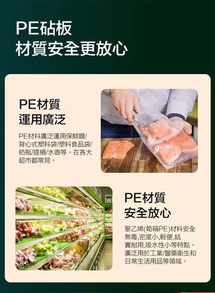 PE砧板，材質安全更放心，PE材質，運用廣泛，PE材料廣泛運用保鮮膜/，背心式塑料袋/塑料食品袋/，奶瓶/提桶/水壺等。在各大，超市都常見。PE材質，安全放心，聚乙烯(筍稱PE)材料安全，無毒,密度小,輕便,結，實耐用,吸水性小等特點。廣泛用於工業/