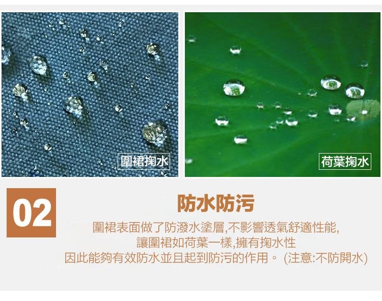 圍裙掬水,荷葉掬水,防水防污,圍裙表面做了防潑水塗層,不影響透氣舒適性能,讓圍裙如荷葉一樣,擁有掬水性,因此能夠有效防水並且起到防污的作用。 (注意:不防開水)。