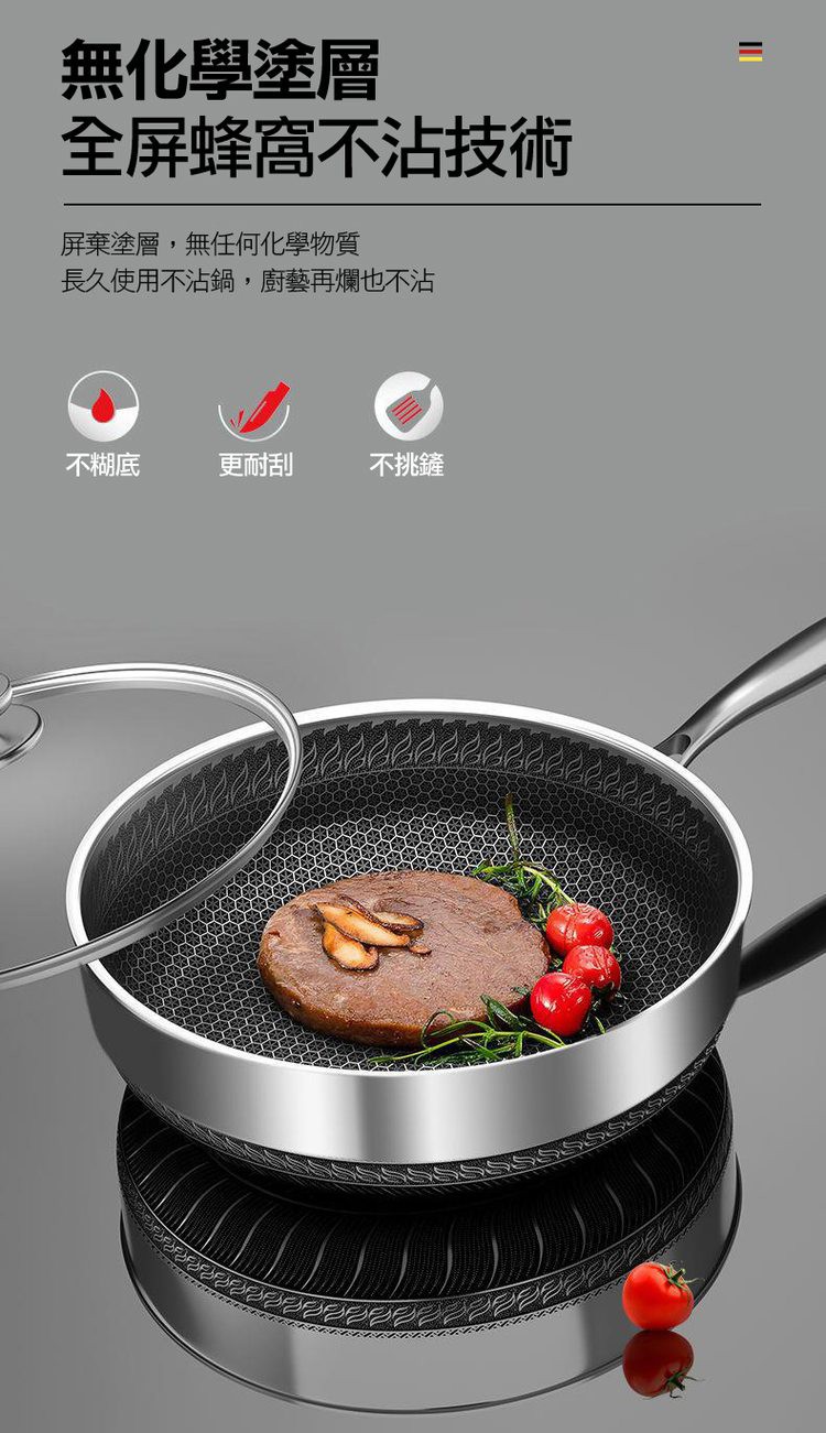 無化學塗層，全屏蜂窩不沾技術，屏棄塗層,無任何化學物質，長久使用不沾鍋,廚藝再爛也不沾，不糊底，更耐刮，不挑鏟。
