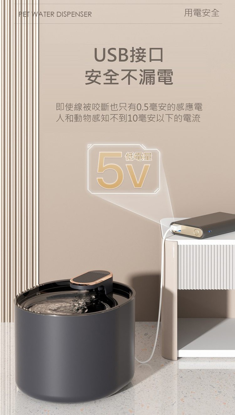 USB接口，安全不漏電，用電安全，即使線被咬斷也只有0.5毫安的感應電，人和動物感知不到10毫安以下的電流，低電量。