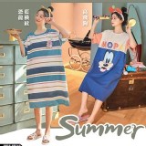 夏款棉質居家長版衣/睡裙( 藍橫紋恐龍 &高飛狗 )