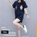 （台廠）菱格款短袖套裝(3687#)-深藍