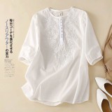 （韓組）寬松圓領T恤純色刺繡棉麻上衣-白-卡其