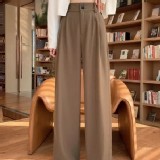 韓國高腰藏肚雙扣高彈力冰絲西裝褲-白色-黑色-灰色-卡其色