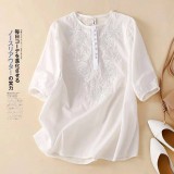 （韓組）寬松圓領T恤純色刺繡棉麻上衣-白-卡其-藍-黃-橘粉