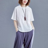 （韓組）棉麻文藝大碼純色休閒百搭亞麻襯衫上衣-黑-白-軍綠