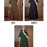 （韓組）大雙口袋連衣裙純色襯衫裙氣質休閒中長裙-藏青-咖-綠