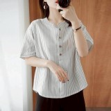 （韓組）夏季寬鬆顯瘦半袖襯衫含棉短袖T恤-卡其-綠色-白色-深藍