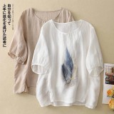 （韓組）文藝棉麻印花圓領短袖T恤五分袖上衣-香檳色-白