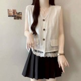 （韓組）大碼紐扣V領無袖襯衫-黑-米白