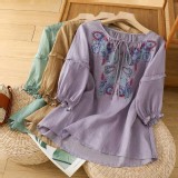 （韓組）棉麻刺繡系帶國風襯衫-咖-紫-綠