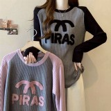 （韓組）大碼坑條撞色打底衫刺繡長袖上衣-粉-黑