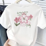 森系印花純棉上衣-白灰-玫紅-杏色