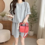 華夫格休閒短褲套裝-A杏色-B藍色