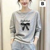 復古圓領慵懶條紋純棉長袖T恤-D-E