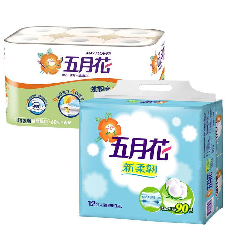 五月花新柔韌抽取衛生紙+超強韌廚房紙巾特惠組