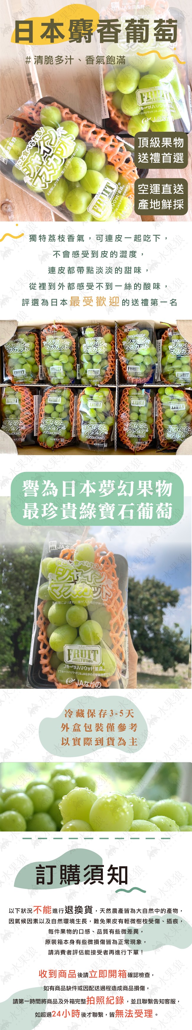 關於全體長野>,日本麝香葡萄,#機長野,保費小,#清脆多汁、香氣飽滿,冷水果狼。茶水果,●果狼,從裡到外都感受不到一絲的酸味,評選為日本最受歡迎的送禮笋、果狼,水果狼,獨特荔枝香氣,可連皮一起吃下,不會感受到皮的澀度,餘水果狼,飨水果,連皮都帶點淡