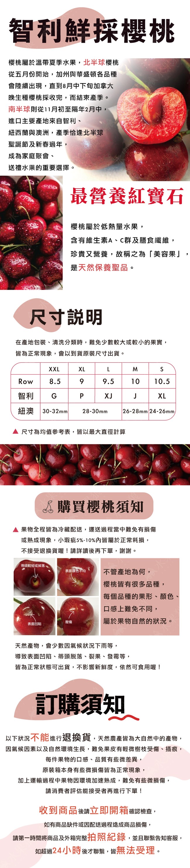 智利鮮採櫻桃,櫻桃屬於溫帶夏季水果,北半球櫻桃,從五月份開始,加州與華盛頓各品種,會陸續出現,直到8月中下旬加拿大,晚生種櫻桃採收完,而結束產季。南半球則從11月初至隔年2月中,進口主要產地來自智利、紐西蘭與澳洲,產季恰逢北半球,聖誕節及新春過年,成