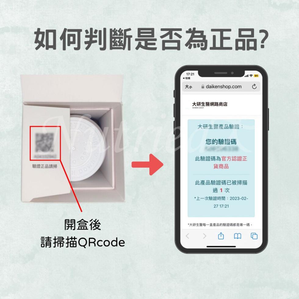 如何判斷是否為正品?驗證正品請掃，開盒後，請掃描QRcode，大研生醫網路商店，大研生醫產品驗證:您的驗證碼，此驗證碼為官方認證正，貨商品，此產品驗證碼已被掃描，過1次，上一次驗證時間:2023-02-大研生醫每一盒產品的驗證碼都是唯一碼,。