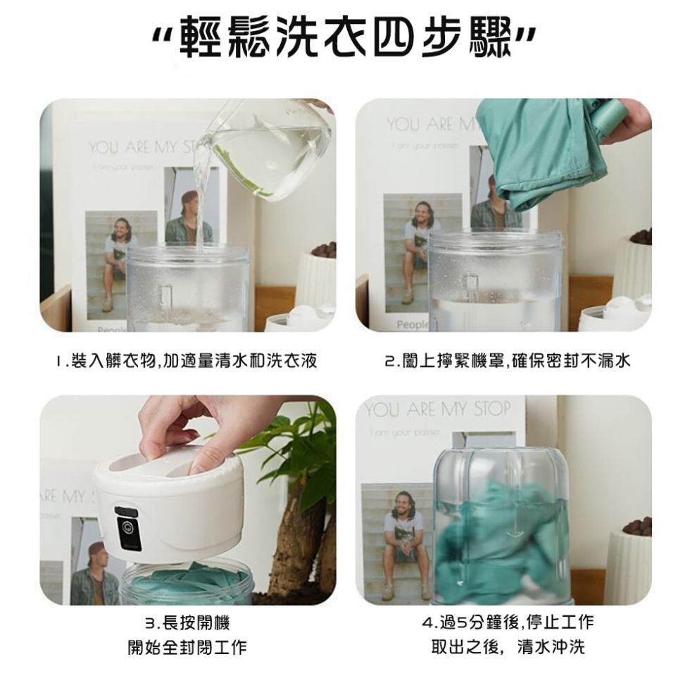“輕鬆洗衣四步驟!”，1.裝入髒衣物,加適量清水和洗衣液，2.闔上擰緊機罩,確保密封不漏水，3.長按開機，開始全封閉工作，4.過5分鐘後,停止工作，取出之後,清水沖洗。