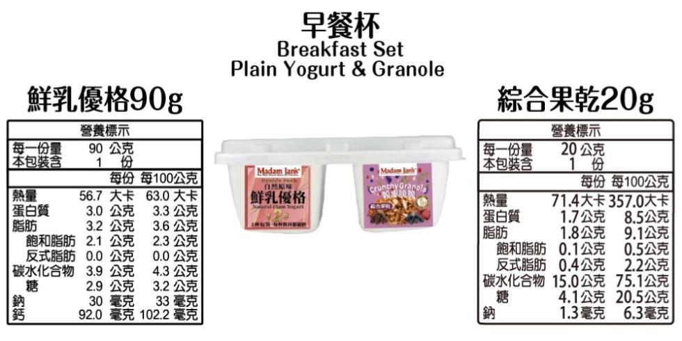 營養標示， 每一份量，90公克，本包裝含，鮮乳優格90g，1 份，早餐杯，綜合果乾20g，營養標示，20公克，1 份， 每一份量，本包裝含，每份 每100公克，自然原味，每份 每100公克，56.7大卡 63.0大卡，鮮乳優格，71.4大卡357.0