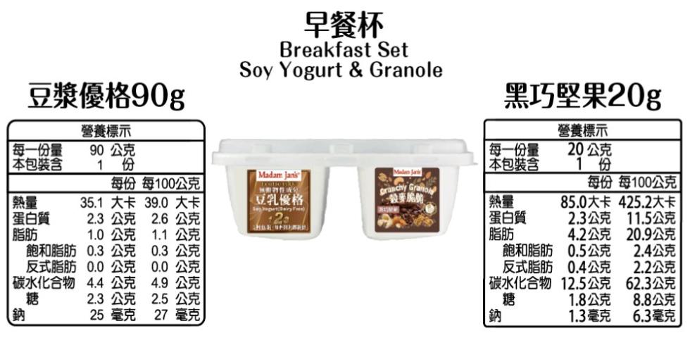 營養標示，每一份量，90公克， 本包裝含，每份 每100公克，豆漿優格90g，1 份，早餐杯，黑巧堅果20g，營養標示，20公克，1 份，每份 每100公克， 每一份量，本包裝含，熱蛋脂，35.1 大卡 39.0 大卡，豆乳優格，穀麥脆薯，85.0大