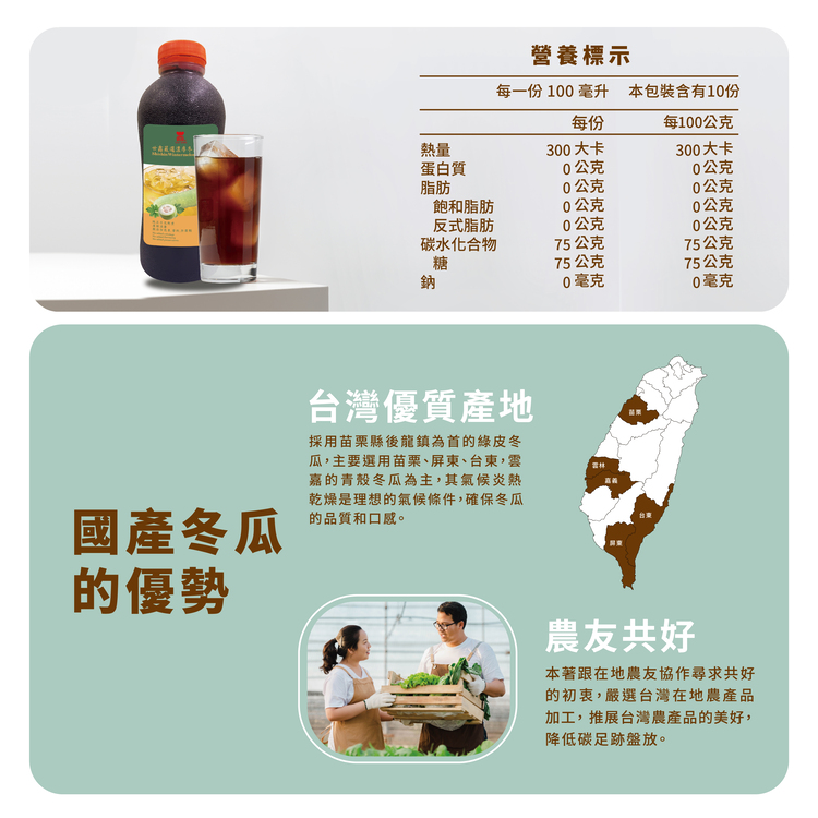 營養標示，每一份100 毫升本包裝含有10份，每100公克，300大卡，300大卡，蛋白質，0公克，0公克，0公克，0公克，飽和脂肪，0公克，0公克，反式脂肪，0公克，0公克，碳水化合物，75公克，75公克，75公克，75公克，0毫克，0毫克，國產冬