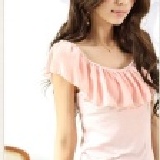 衣娃eva~81160韓版~清純可愛拼接雪紡荷葉領棉質T恤 C-剩黑的 特價：$135