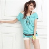 衣娃eva~韓版條紋系帶寬領T恤 A-剩藍1 特價：$140