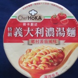 《HOKA》超低卡廚房義大利濃湯麵 -鄉村蕃茄風味。 卡杜蘭小麥蒸煮,只有168大卡。 特價：$38