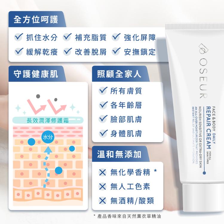 【OSEUR歐絲爾】長效潤澤修護霜：專為敏感乾荒肌設計的積雪草精華霜