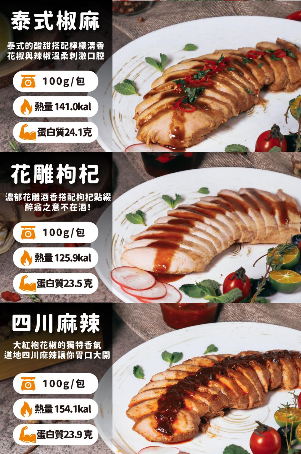 泰式椒麻，泰式的酸甜搭配檸檬清香，花椒與辣椒温柔刺激口腔，o 100g/包，熱量 141.0kal，蛋白質24.1克，花雕枸杞，濃郁花雕酒香搭配枸杞點綴，醉翁之意不在酒!o 100g/包，熱量 125.9kal，蛋白質23.5克，四川麻辣，大紅袍花椒