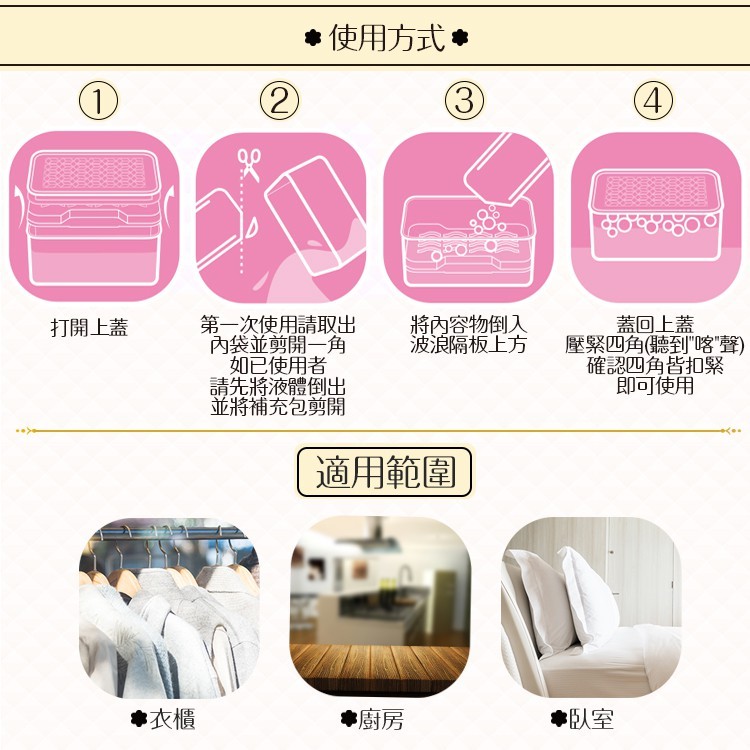 使用方式。将內容物倒入,波浪隔板上方,第一次使用請取出,內袋並剪開一角,如已使用者,請先將液體倒出,並將補充包剪開,蓋回上蓋,壓緊四角(聽到“喀”聲),確認四角皆扣緊,即可使用,打開上蓋,人。適用範圍,衣櫃。