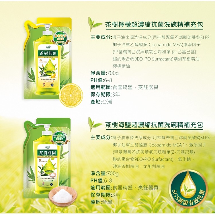茶樹檸檬超濃縮抗菌洗碗精補充包，主要成分:椰子油來源洗淨成分(月桂醇聚氧乙烯機硫酸鈉SLES，椰子油單乙醇醯胺 Cocoamide MEA)潔淨因子，(甲基環氧乙烷與環氧乙烷和單 (2-乙基己基)，翻的聚合物9EO-PO Surfactant)澳洲茶